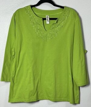 Endless Designs Women's Lime Embellished V-Neck 3/4 Sleeve Stretch Size X-Large
